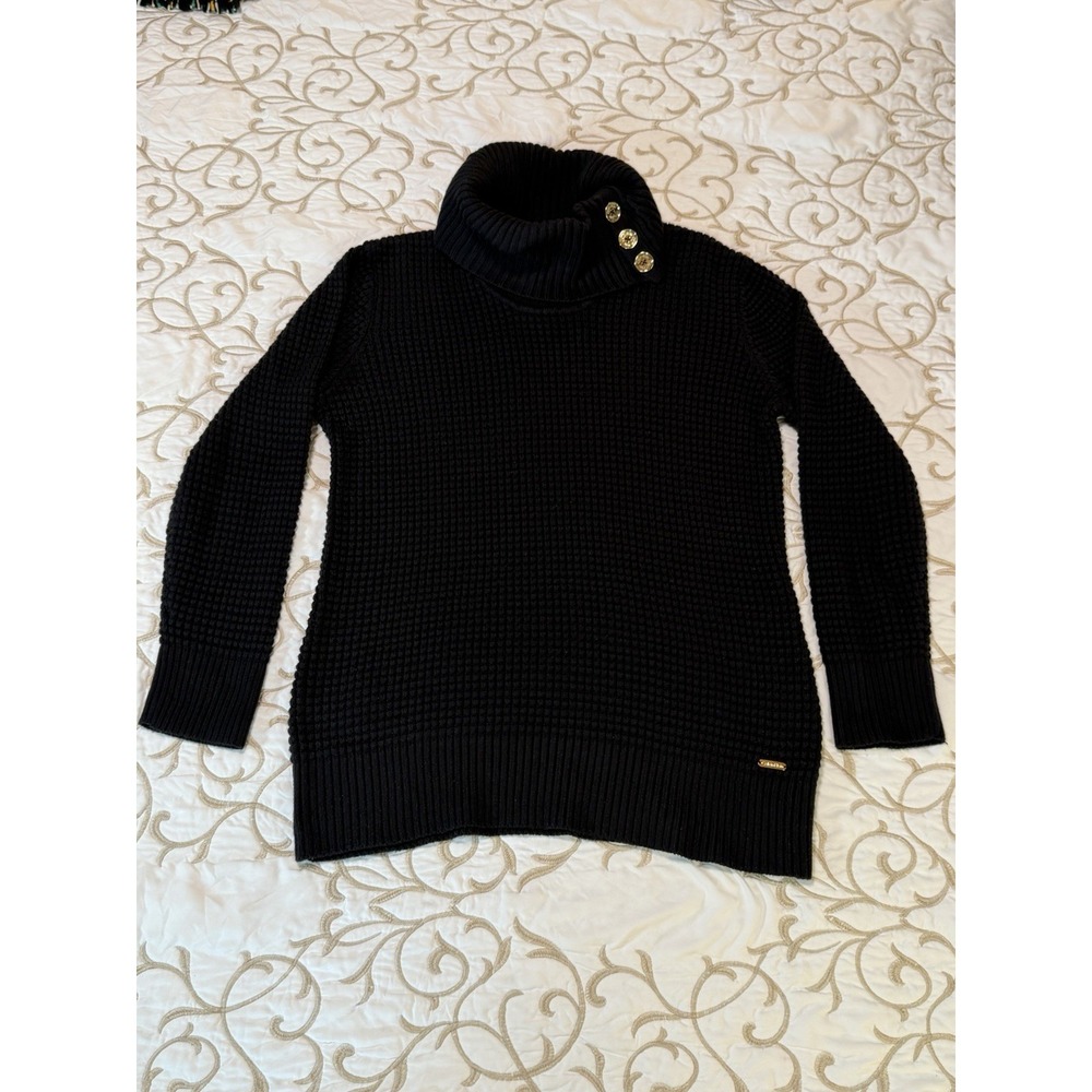 Calvin Klein Women's Black Waffle Knit Turtleneck Sweater Gold Buttons Large